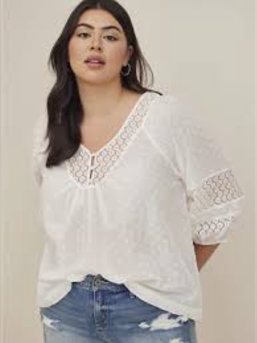 Torrid Clip Dot White Lace V-Neck Peasant Top
